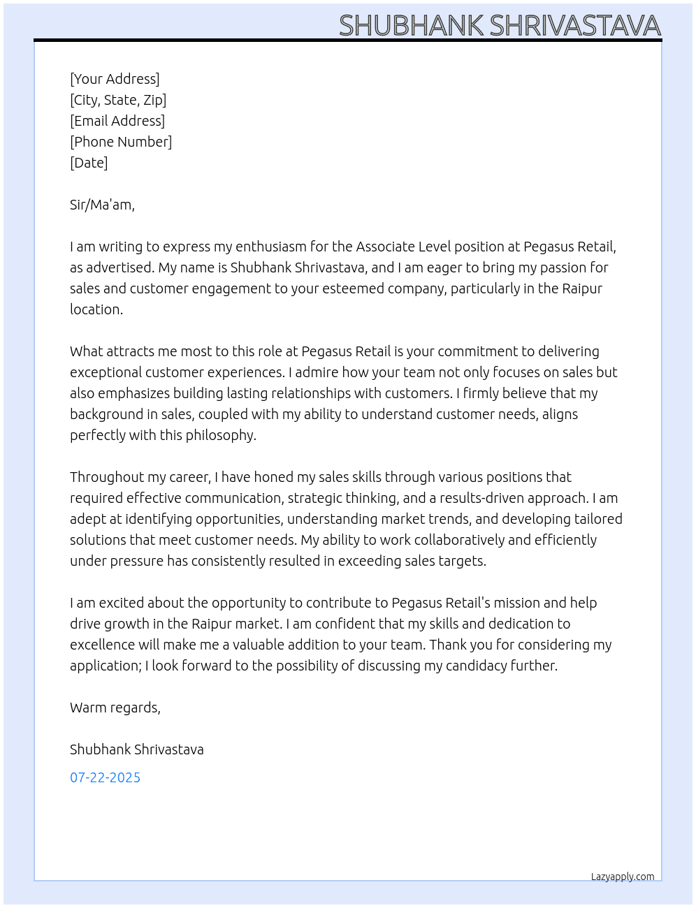 Associate Level At Pegasus Retail Cover Letter