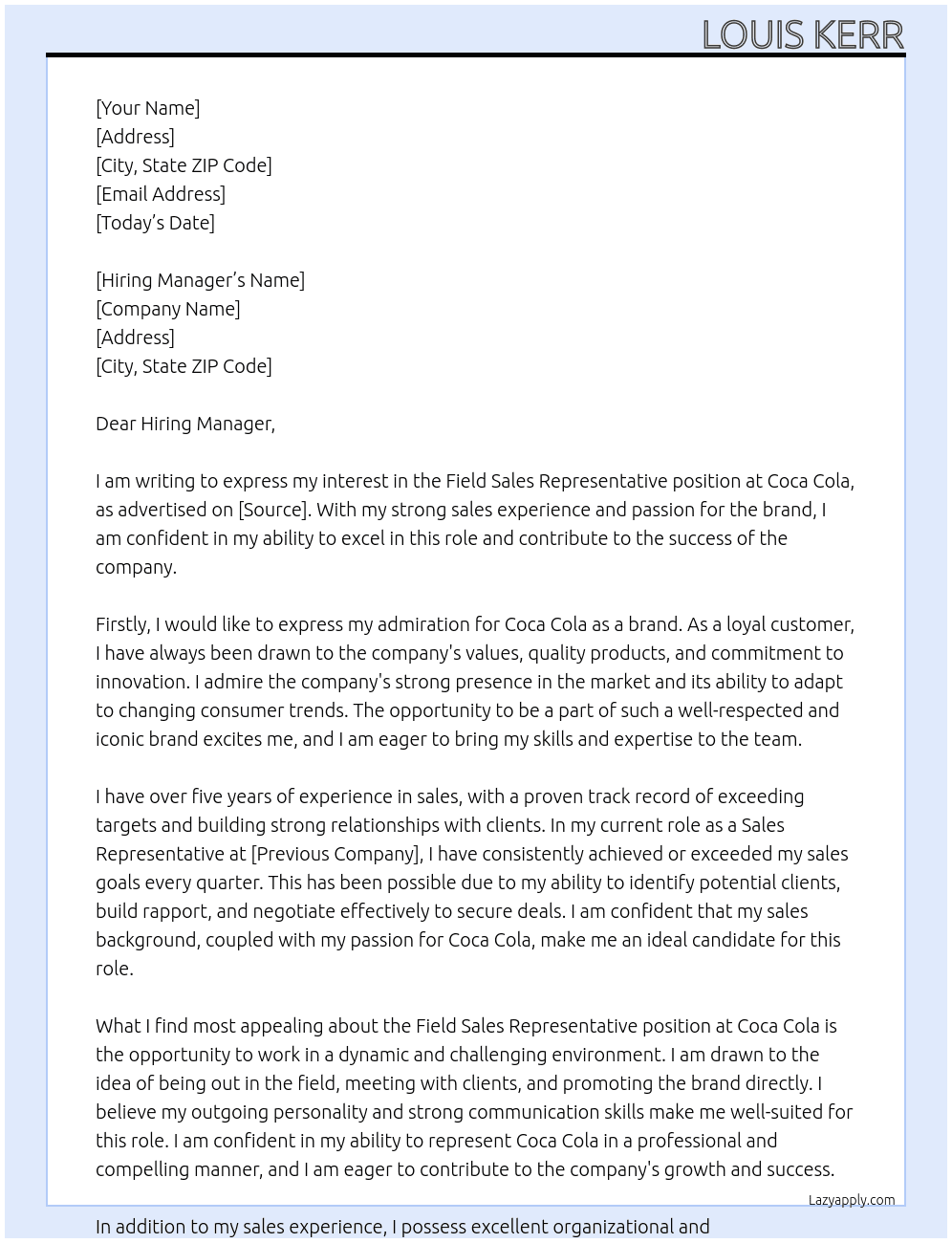 Field Sales Representative  At Coca Cola Cover Letter