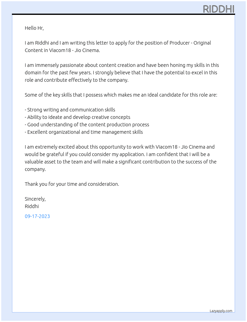 Producer - Original Content At Viacom18 - Jio Cinema Cover Letter