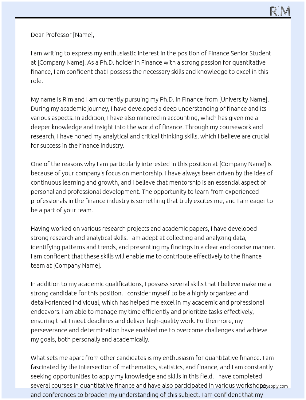 finance senior student  At mentorship Cover Letter