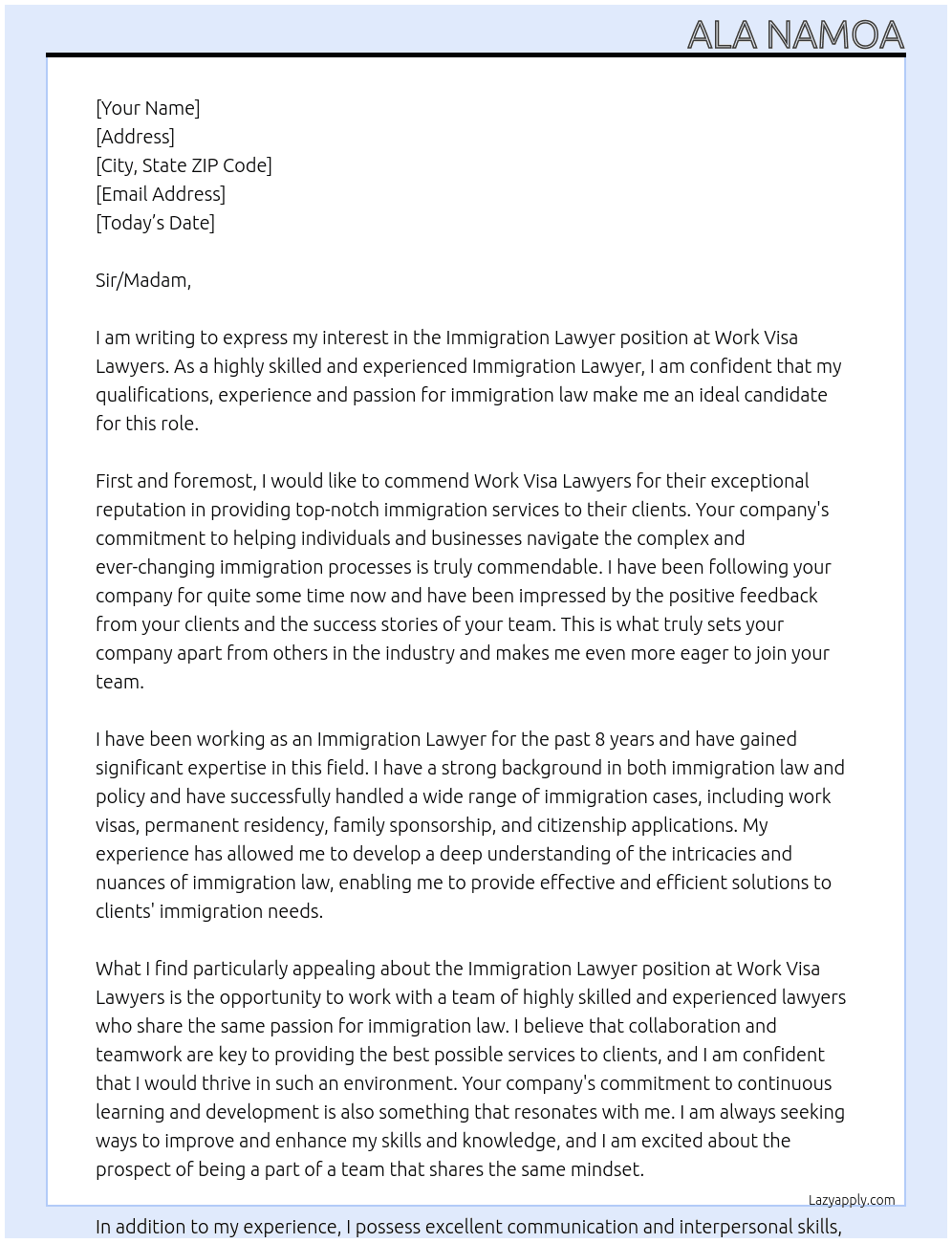 Immigration Lawyer At Work Visa Lawyers  Cover Letter