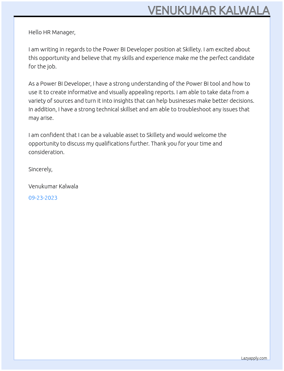 Power bi developer At Skillety Cover Letter