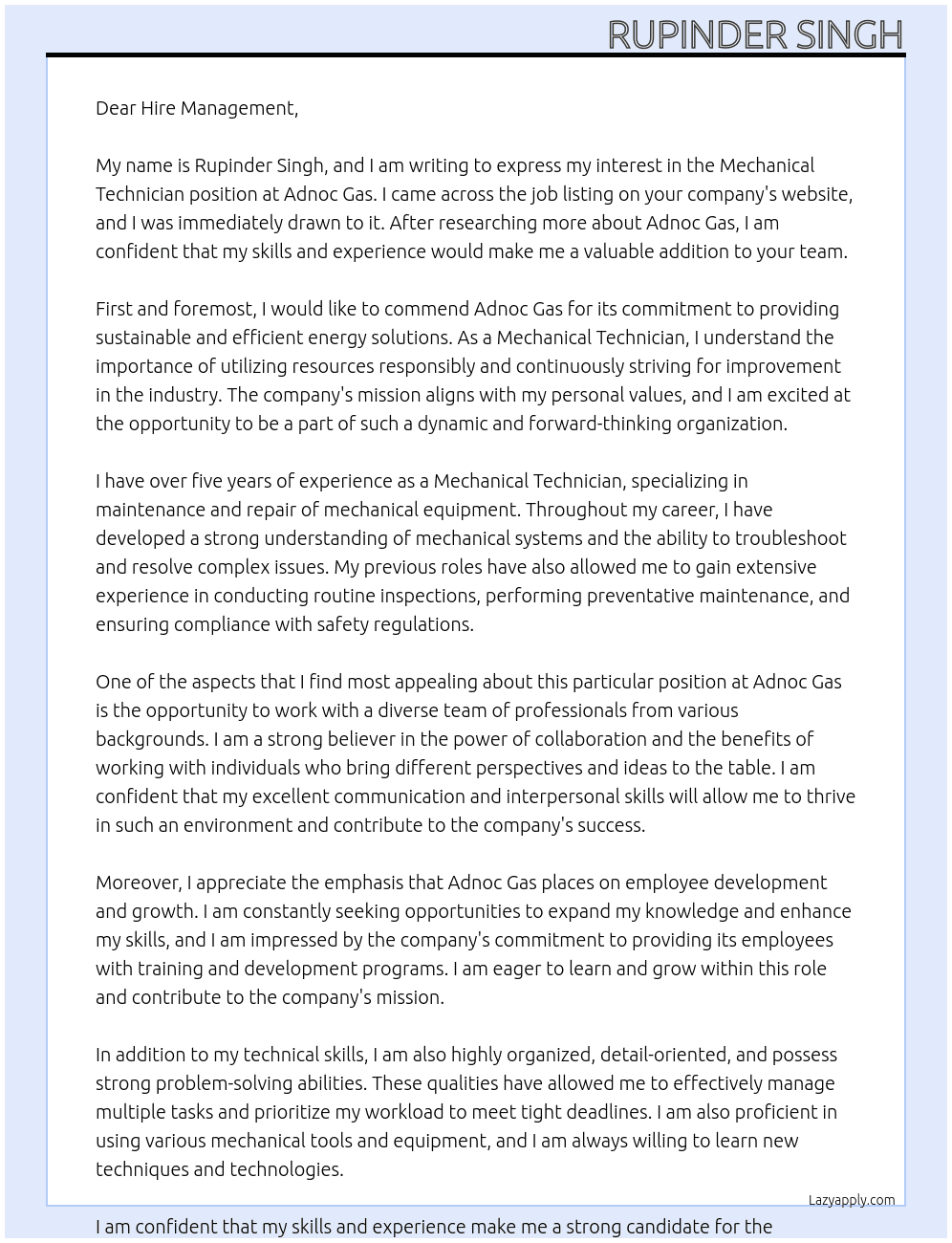 Mechanical technician At Adnoc Gas Cover Letter