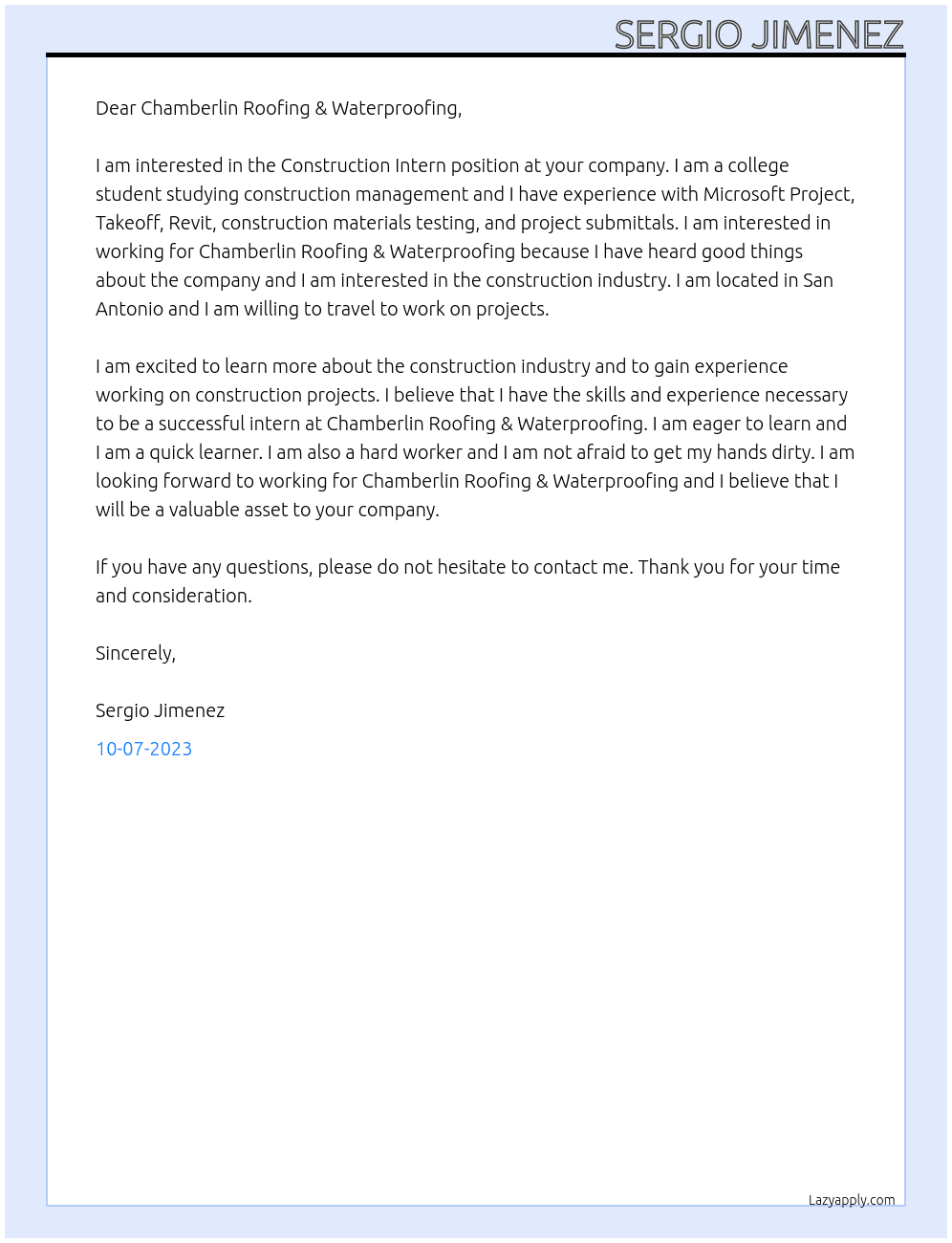 Construction Intern At Chamberlin Roofing & Waterproofing Cover Letter