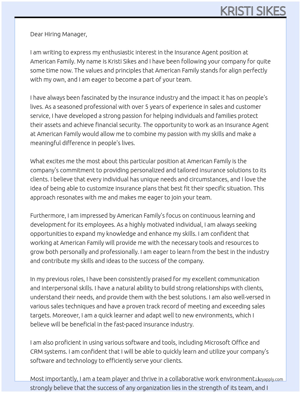 Insurance agent At American family Cover Letter
