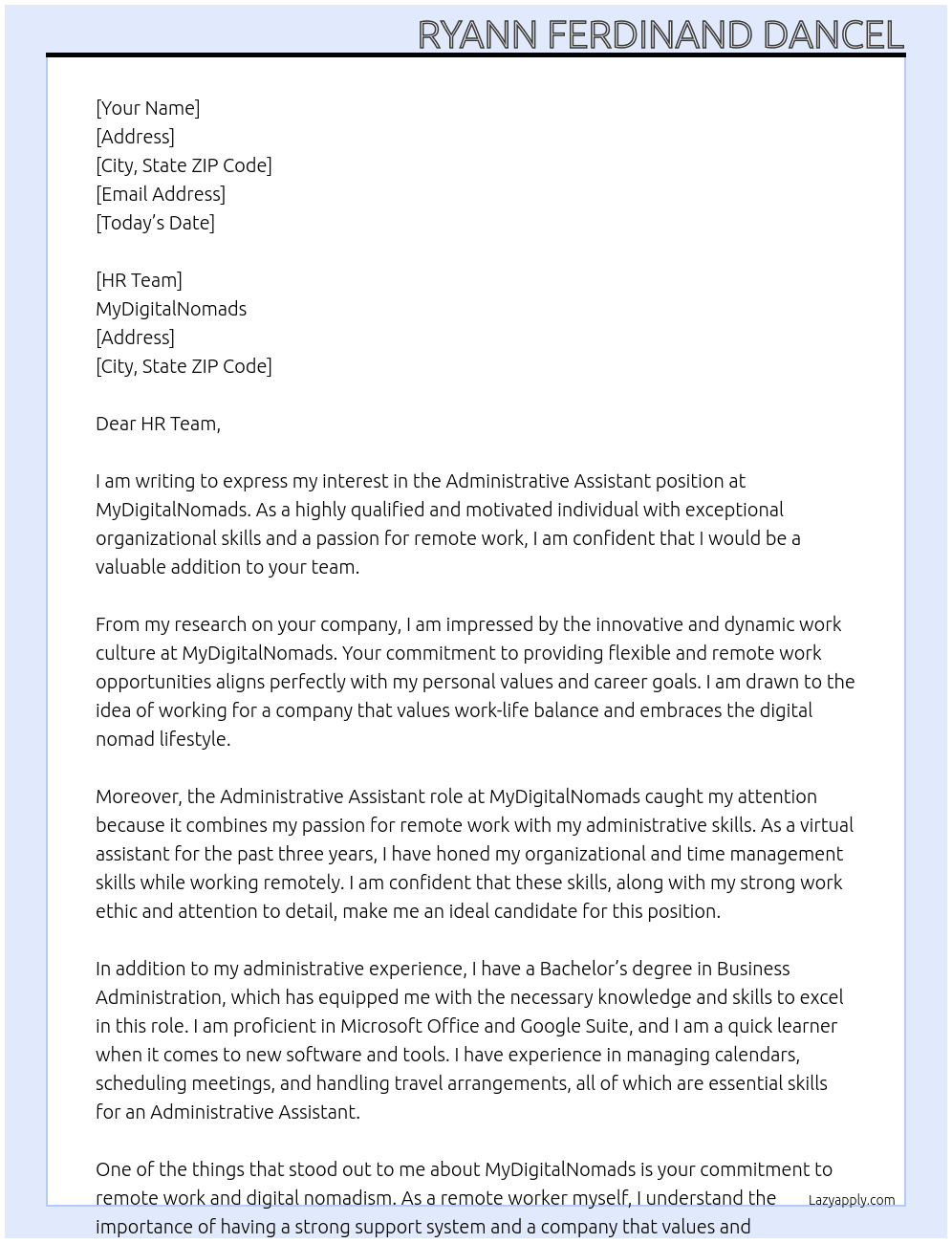 Administrative Assistant At MyDigitalNomads Cover Letter