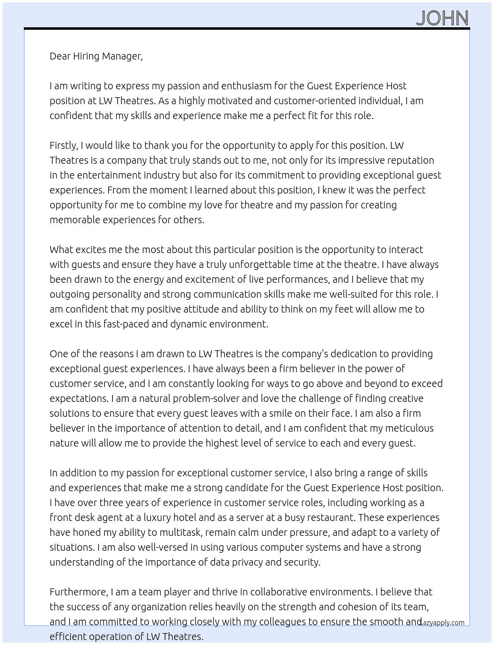 Guest Experience Host At LW Theatres Cover Letter