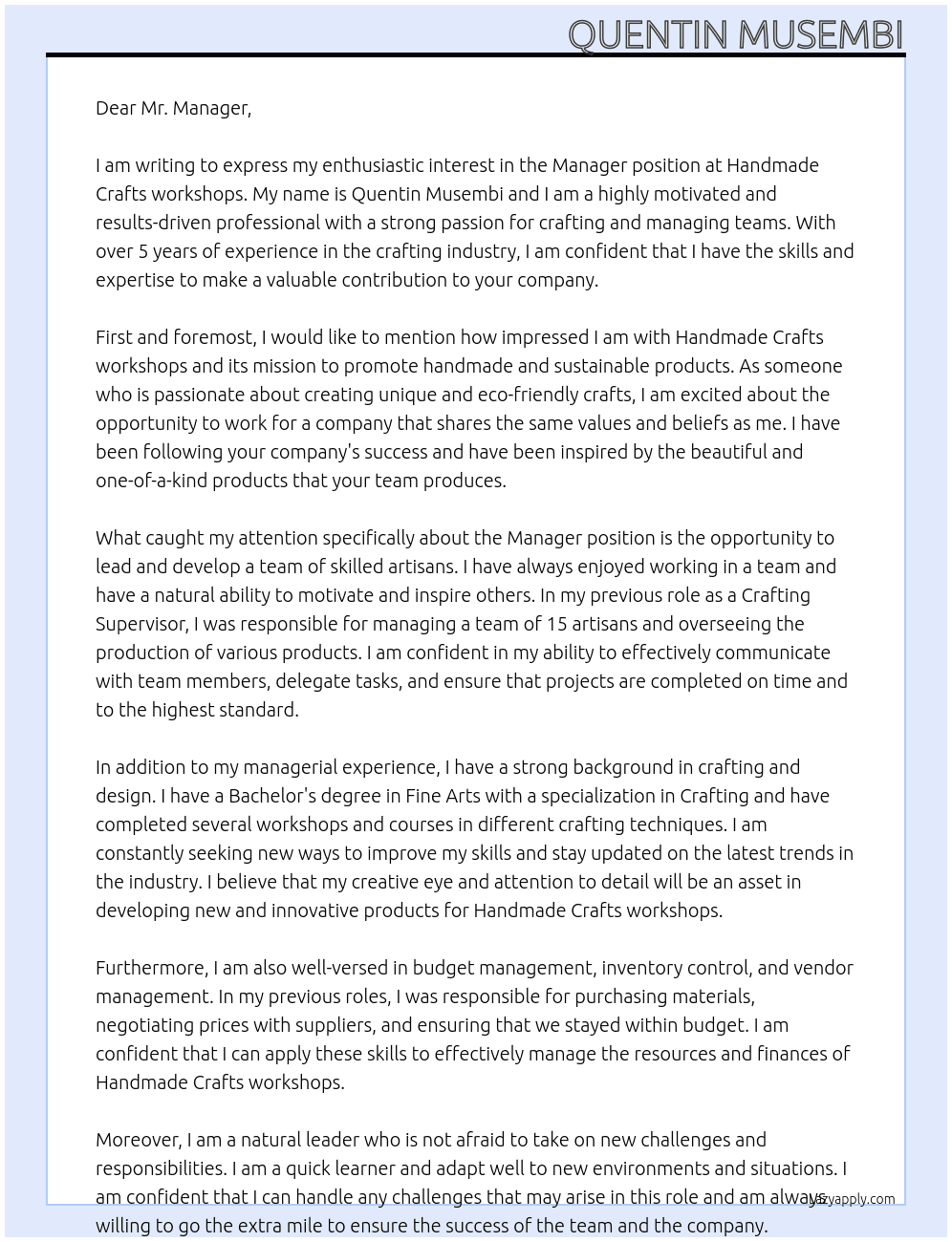 Manager At Handmade Crafts workshops Cover Letter