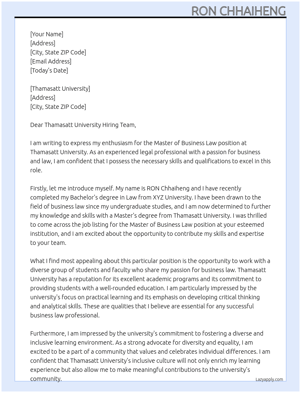 Master of Business Law At Thamasatt University Cover Letter