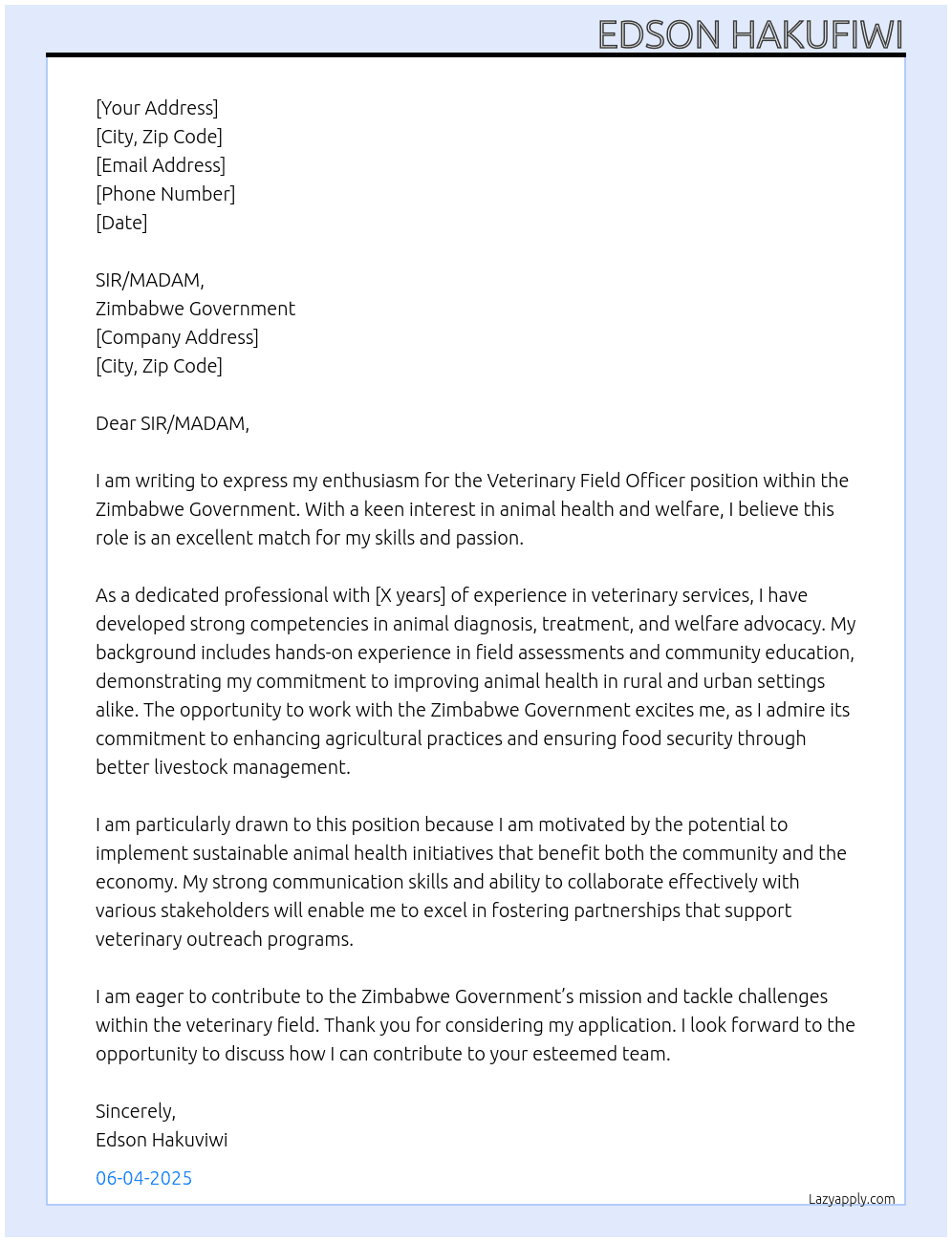 VETERINERY FIELD OFFICER At ZIMBABWE GOVERNMENT Cover Letter