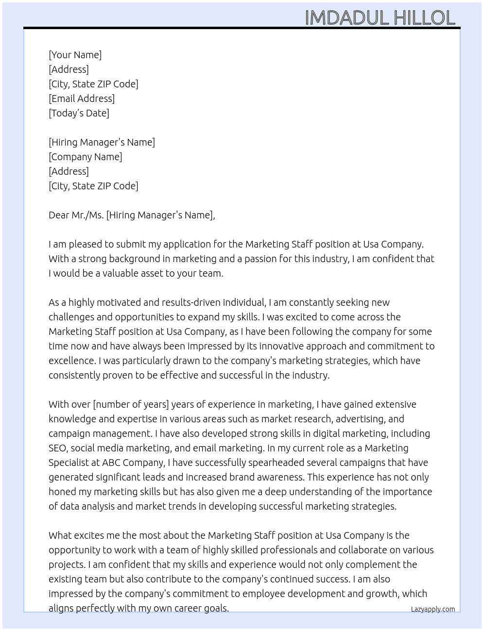 Marketing Staff At Usa Company  Cover Letter