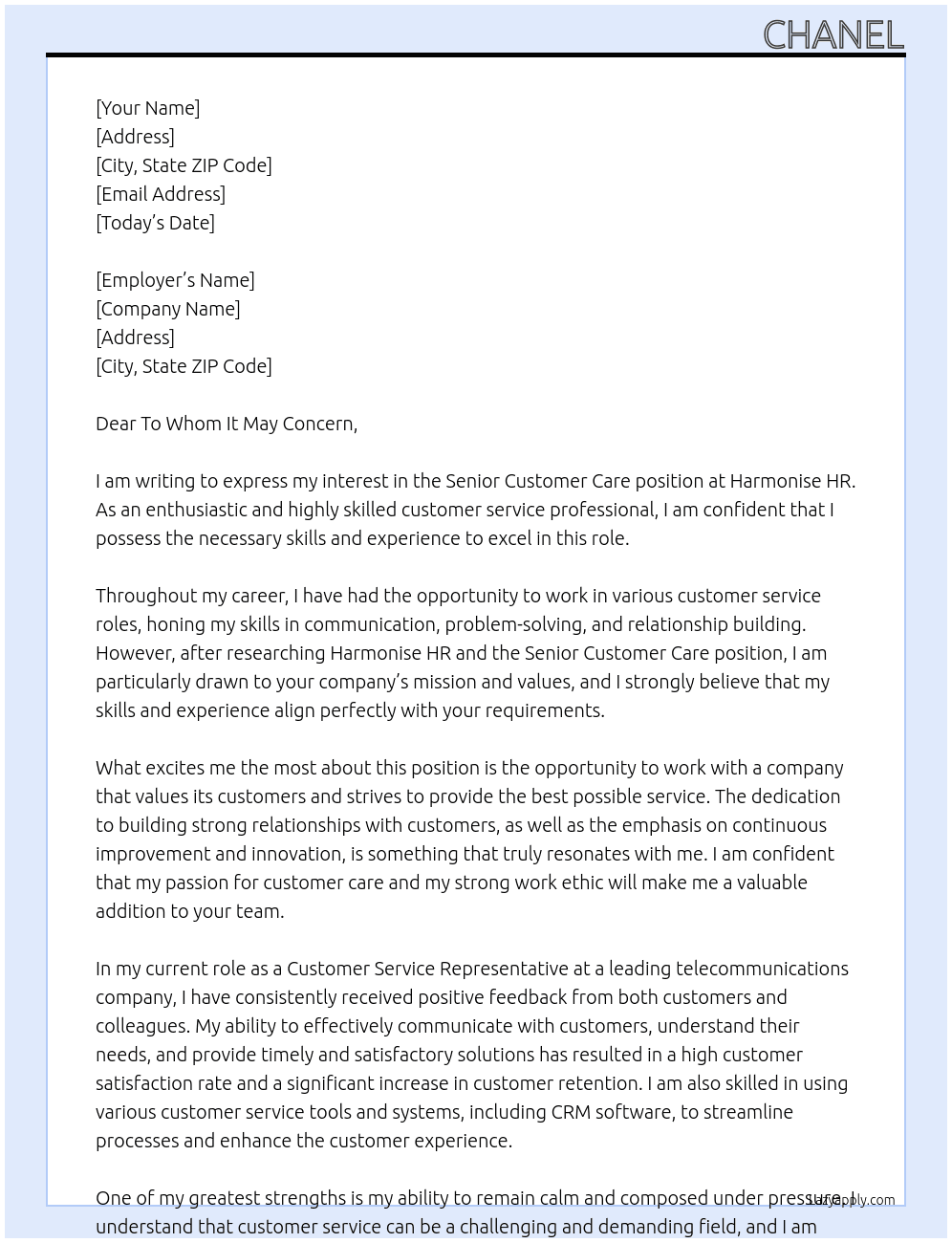 Senior Customer Care At Harmonise HR Cover Letter