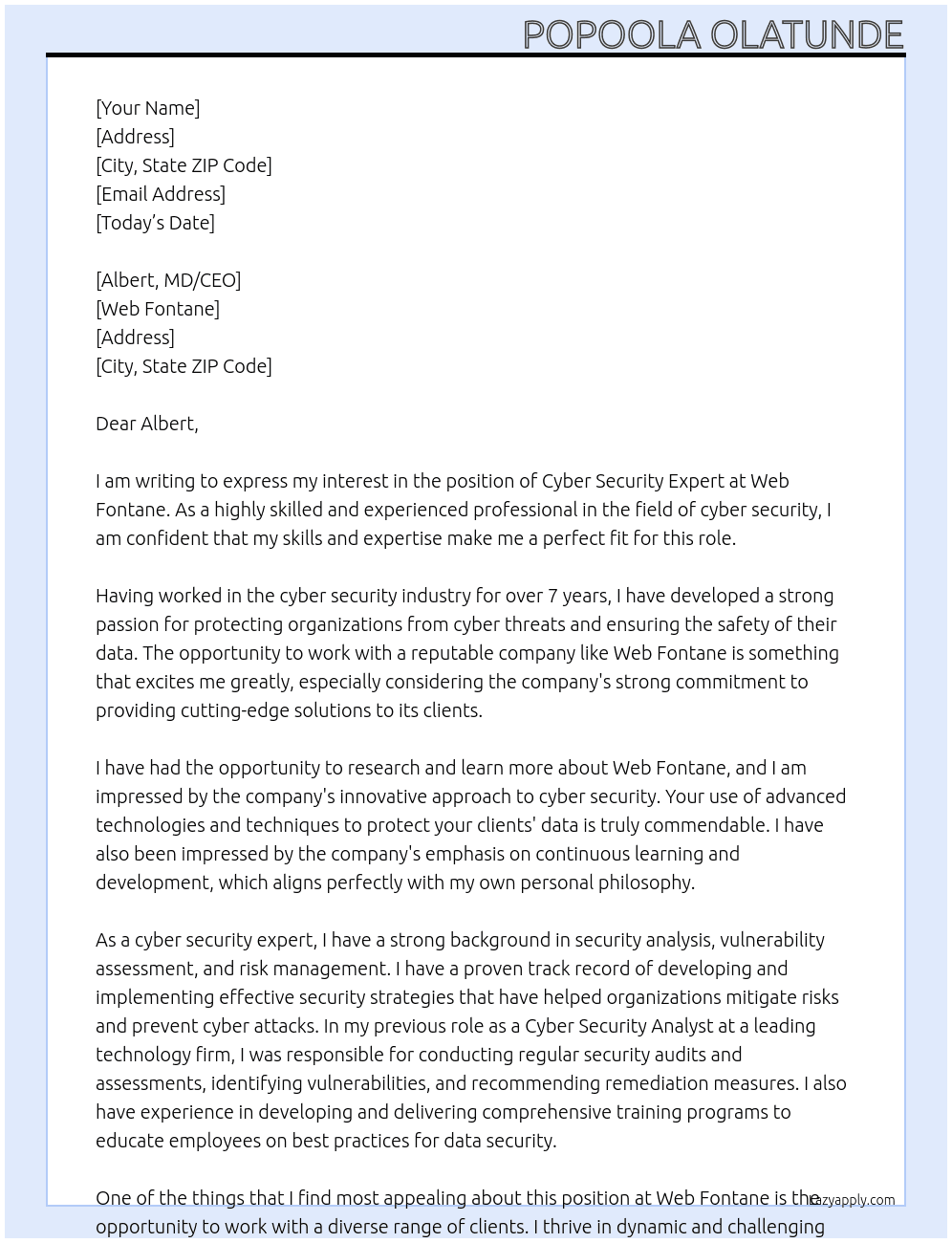 cyber security expert At Web fontane Cover Letter