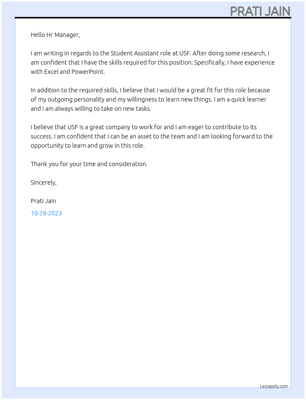 USF CONNECT Student Assistant At USF Cover Letter