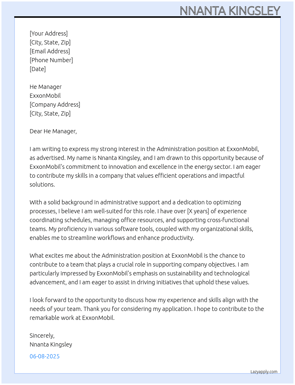 Administration  At Exxonmobil Cover Letter