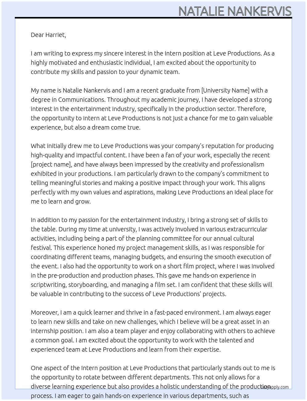 Intern At Leve Productions Cover Letter