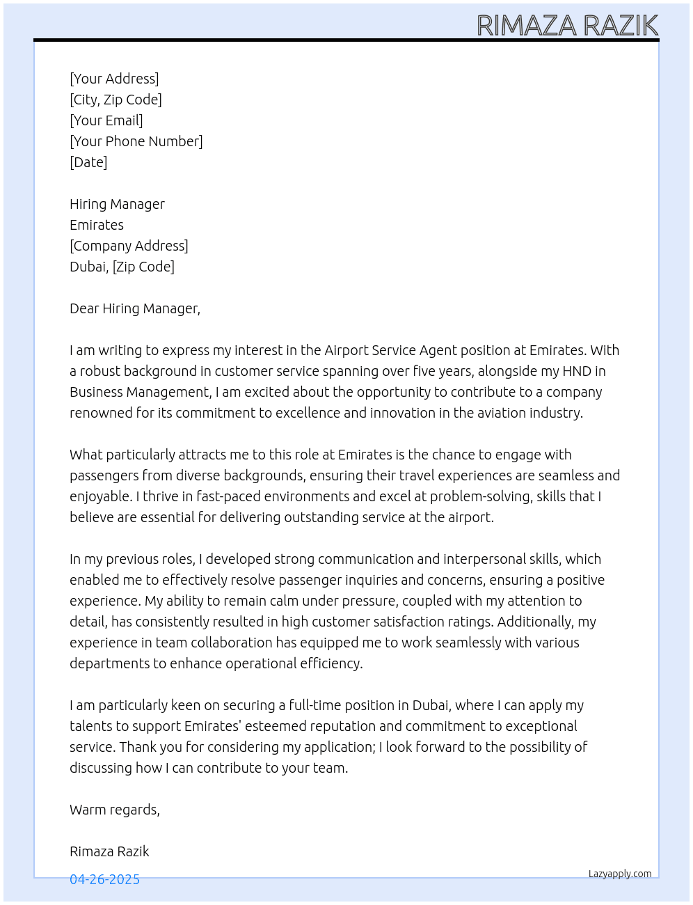 Airport service agent  At Emirates  Cover Letter
