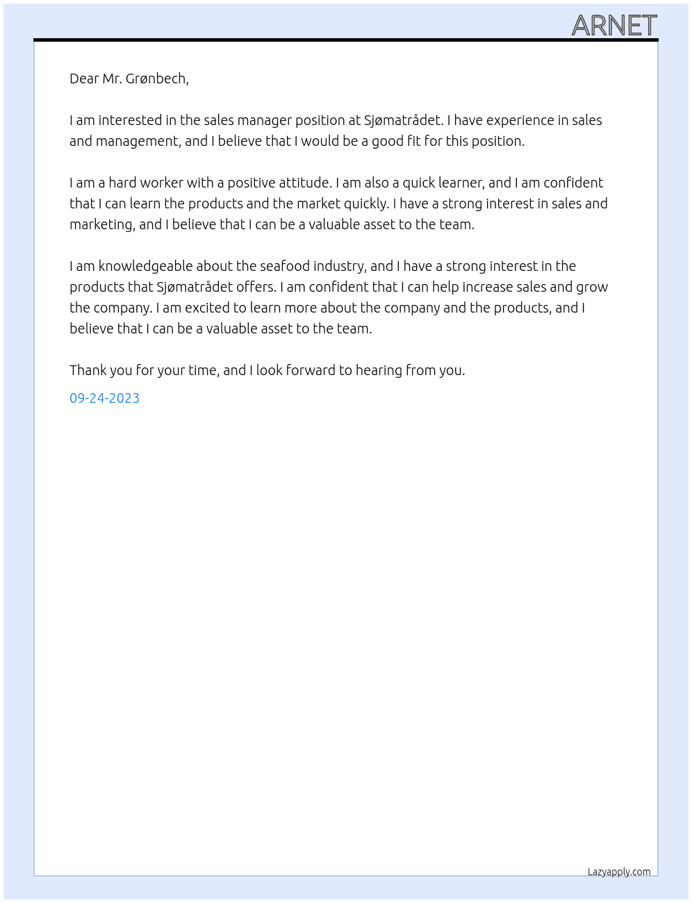 Sales manager At Sjømatrådet Cover Letter
