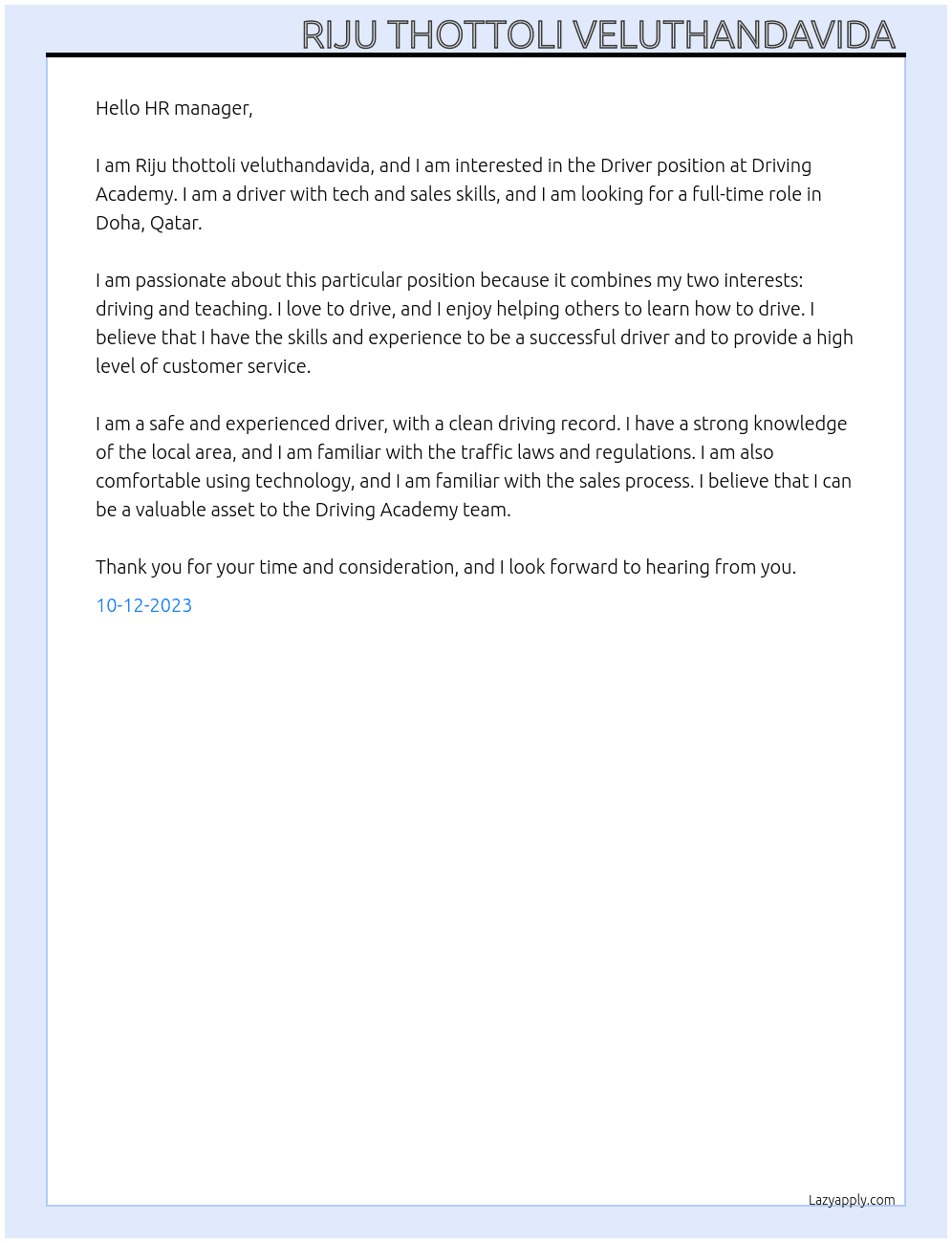 Driver  At Driving Academy Cover Letter