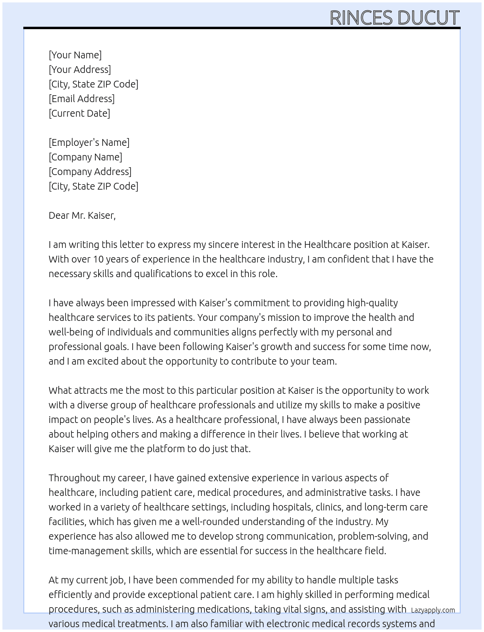 Healthcare At Kaiser Cover Letter