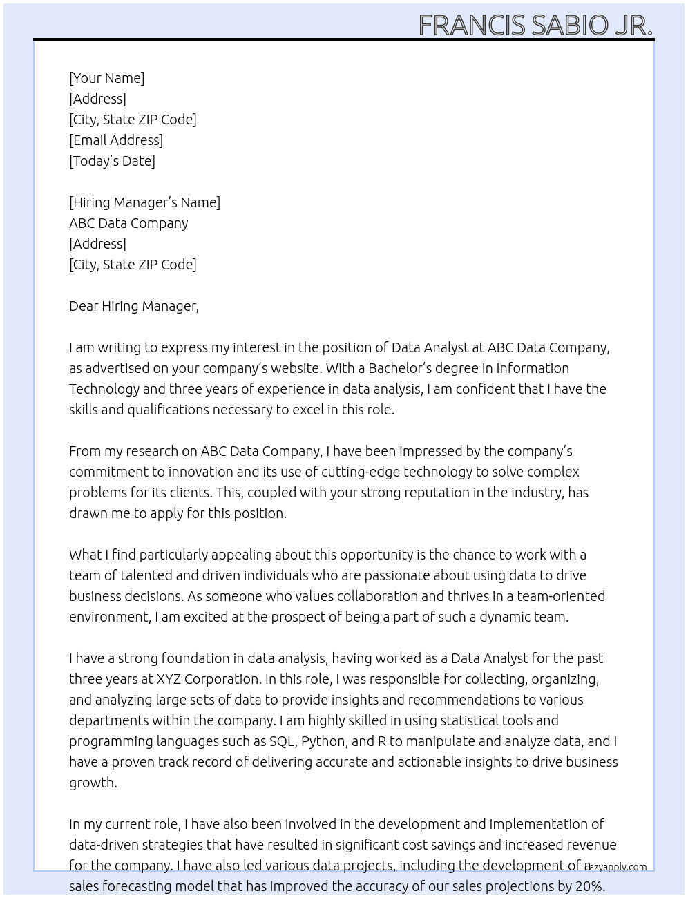Data Analyst At ABC Data Company Cover Letter