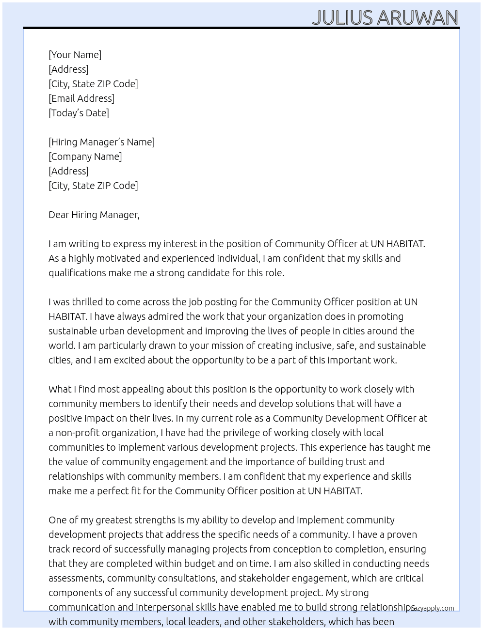 Community Officer  At UN HABITAT Cover Letter