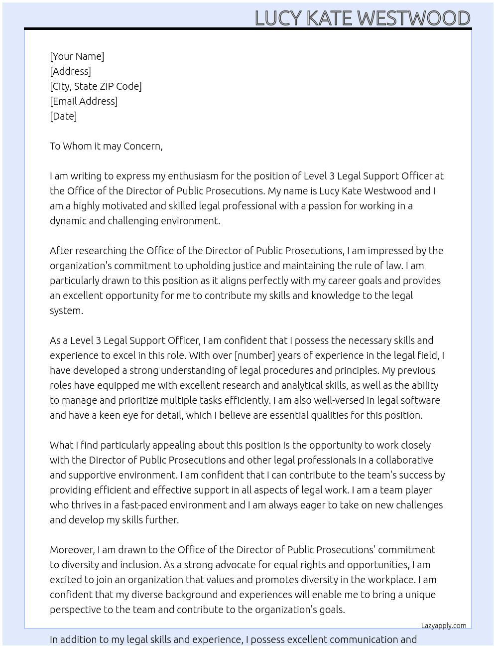 Level 3 Legal Support Officer At Office of the Director of Public Prosecutions Cover Letter