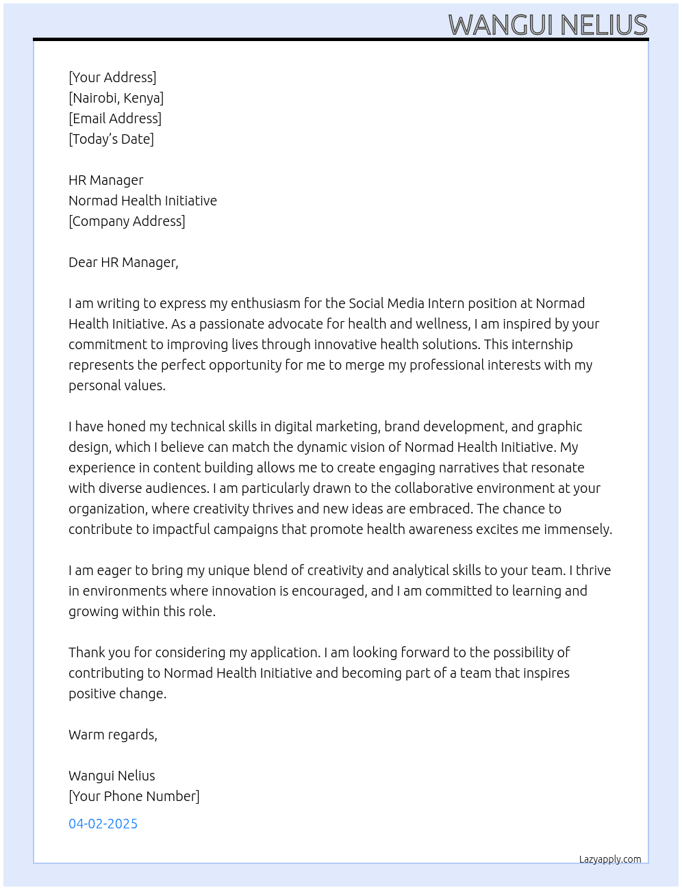 Social media intern At normad health initiative Cover Letter