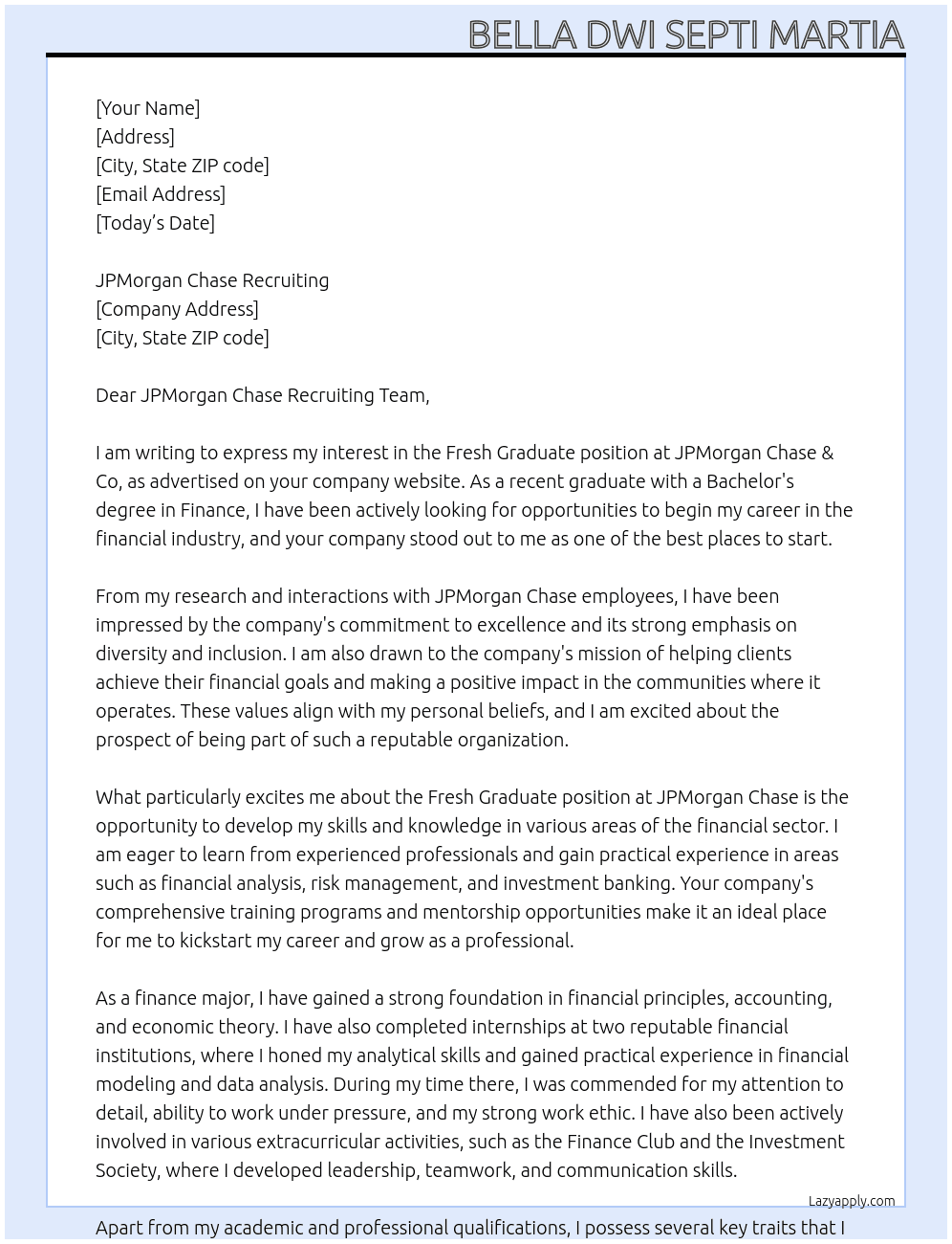 fresh graduate At JpMorgan Chase & Co Cover Letter