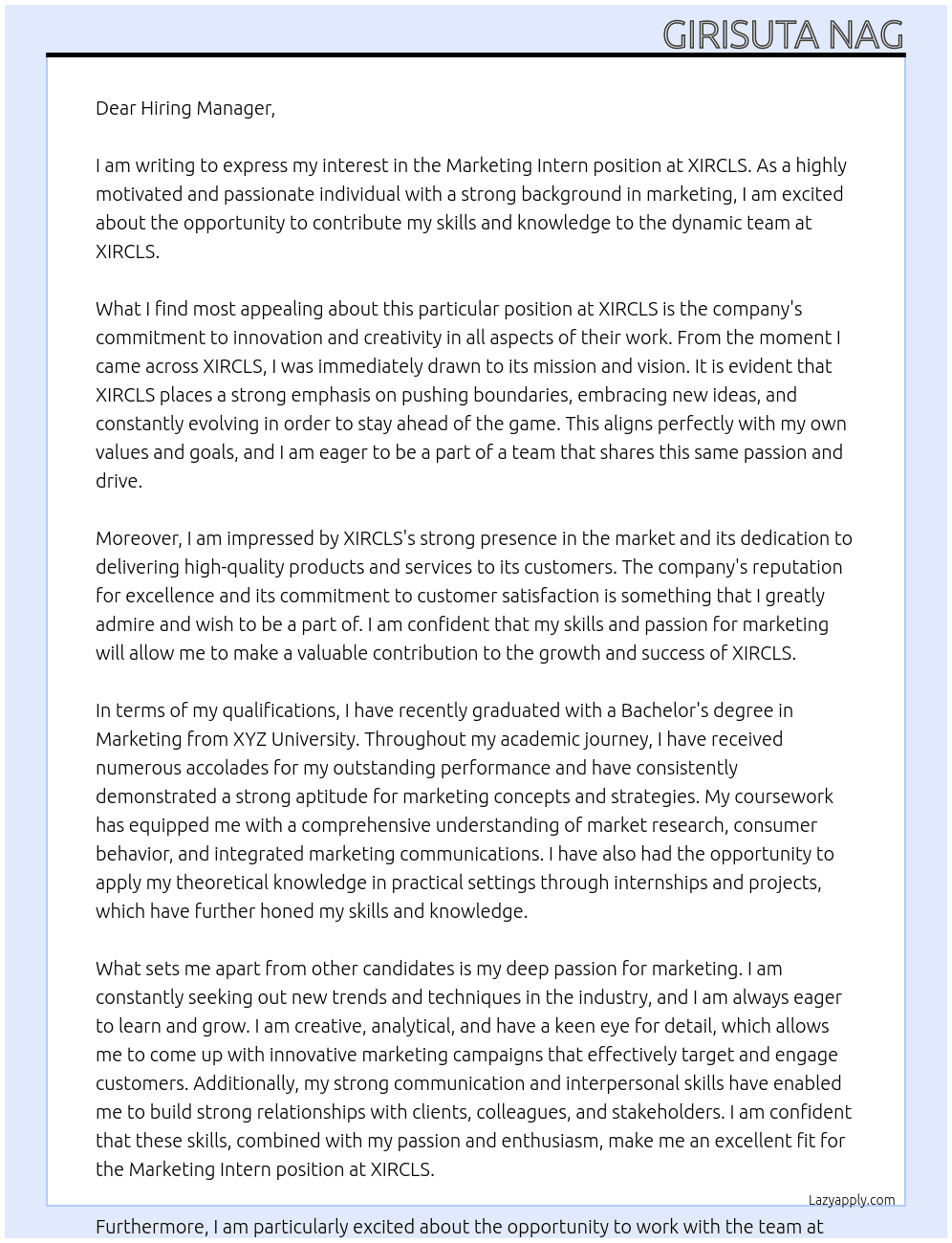 Marketing Intern At XIRCLS Cover Letter