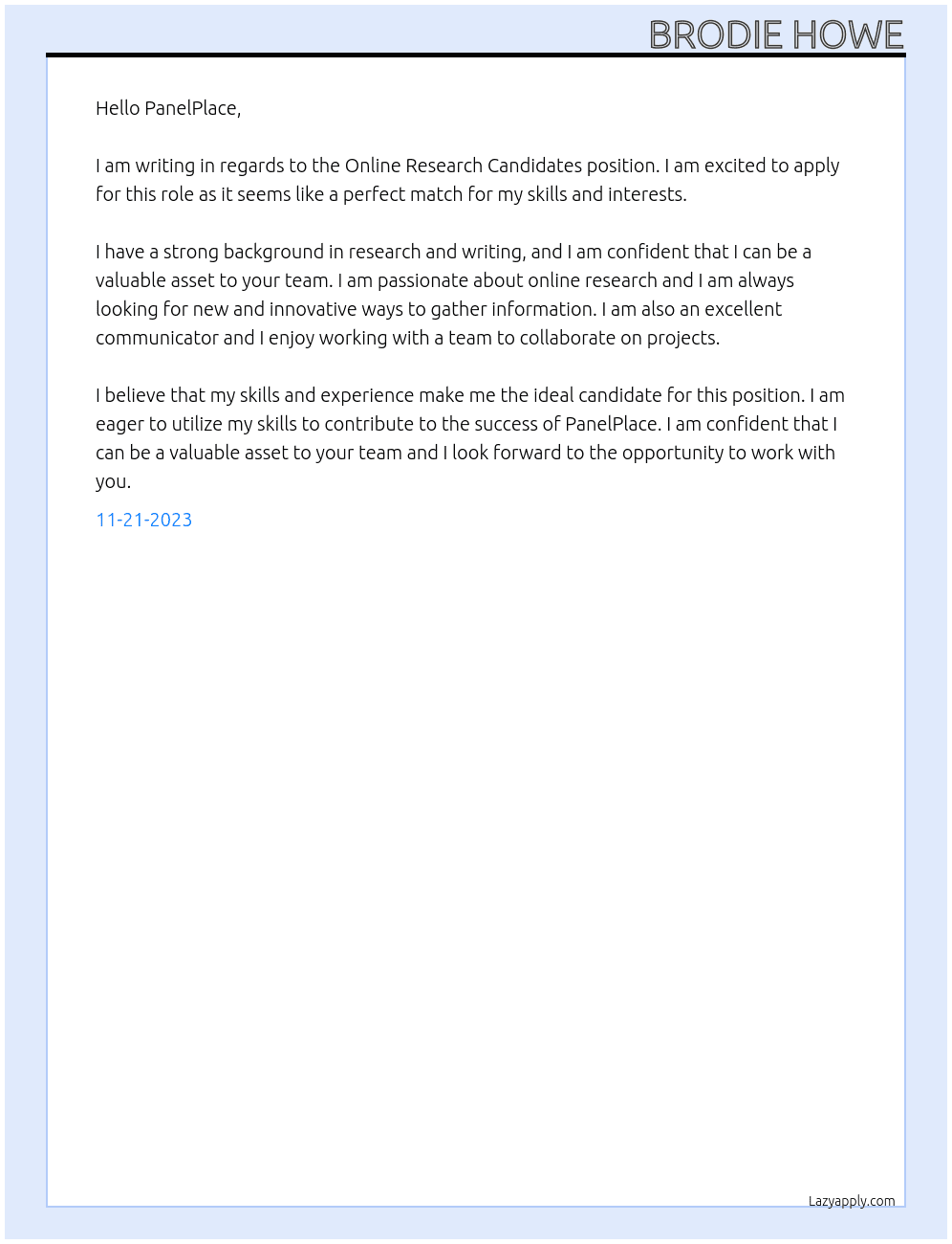 Online Research Candidates At PanelPlace Cover Letter