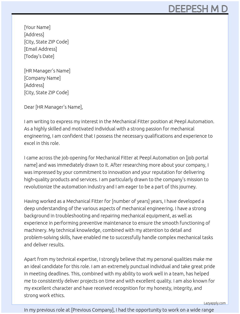 Mechanical Fitter At Peepl Automation Cover Letter