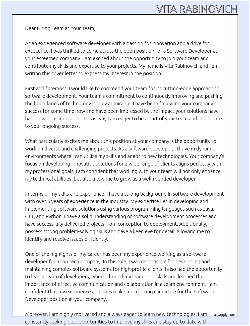 Software Developer At your team Cover Letter