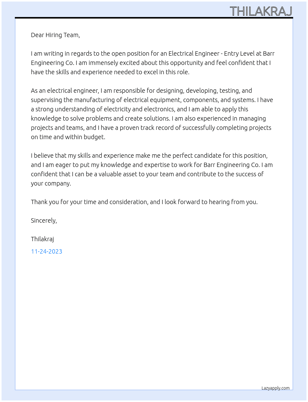 Electrical Engineer - Entry Level At Barr Engineering Co. Cover Letter