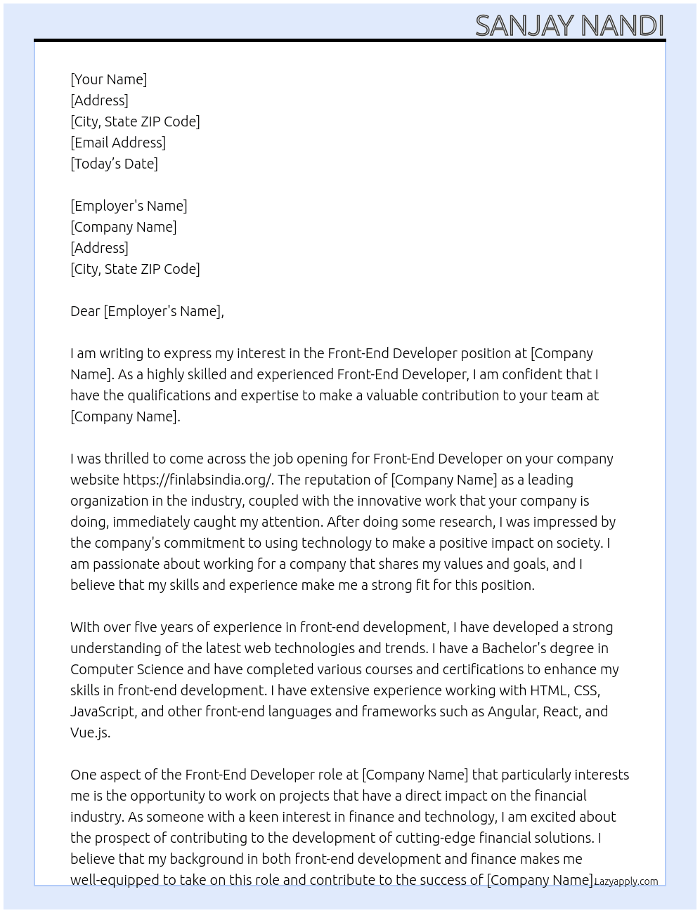 Front-End Developer At https://finlabsindia.org/ Cover Letter