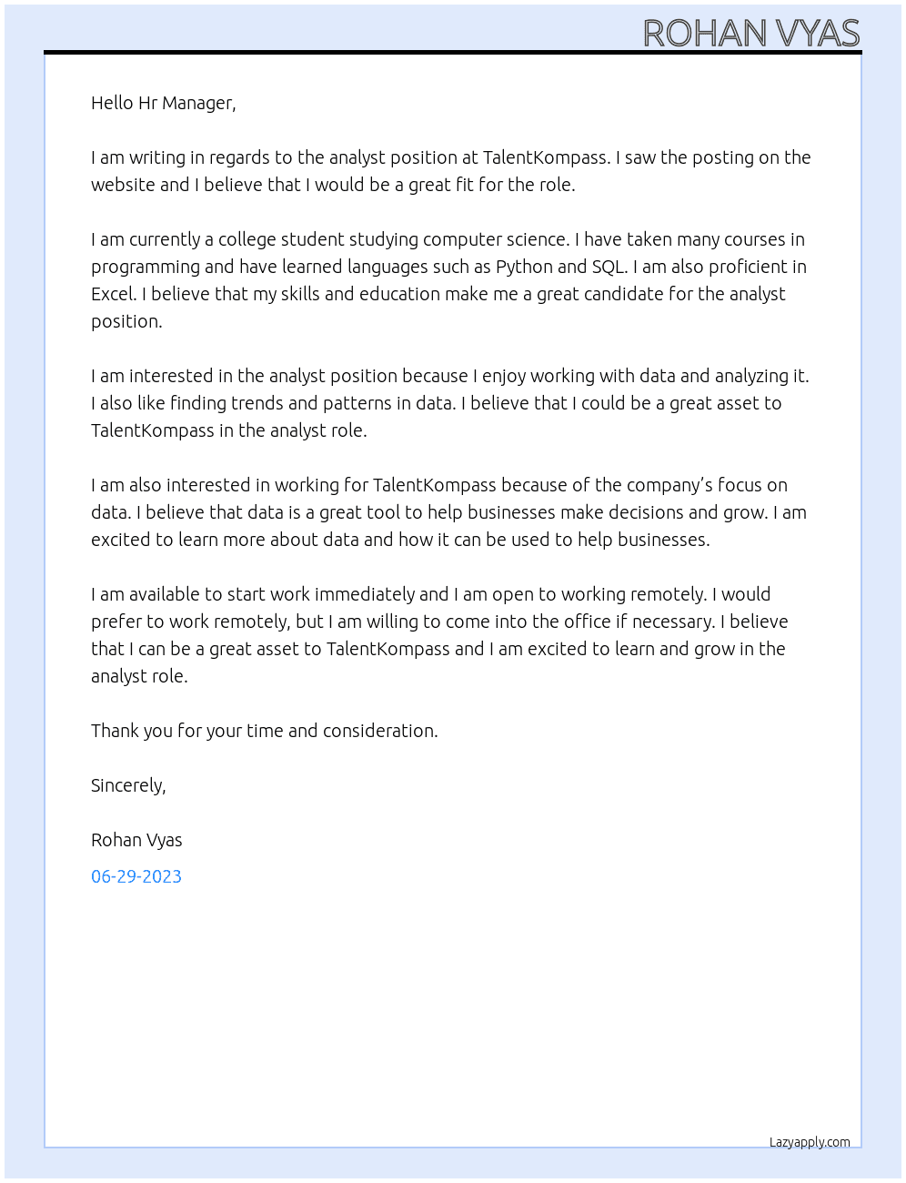 analyst At TalentKompass Cover Letter