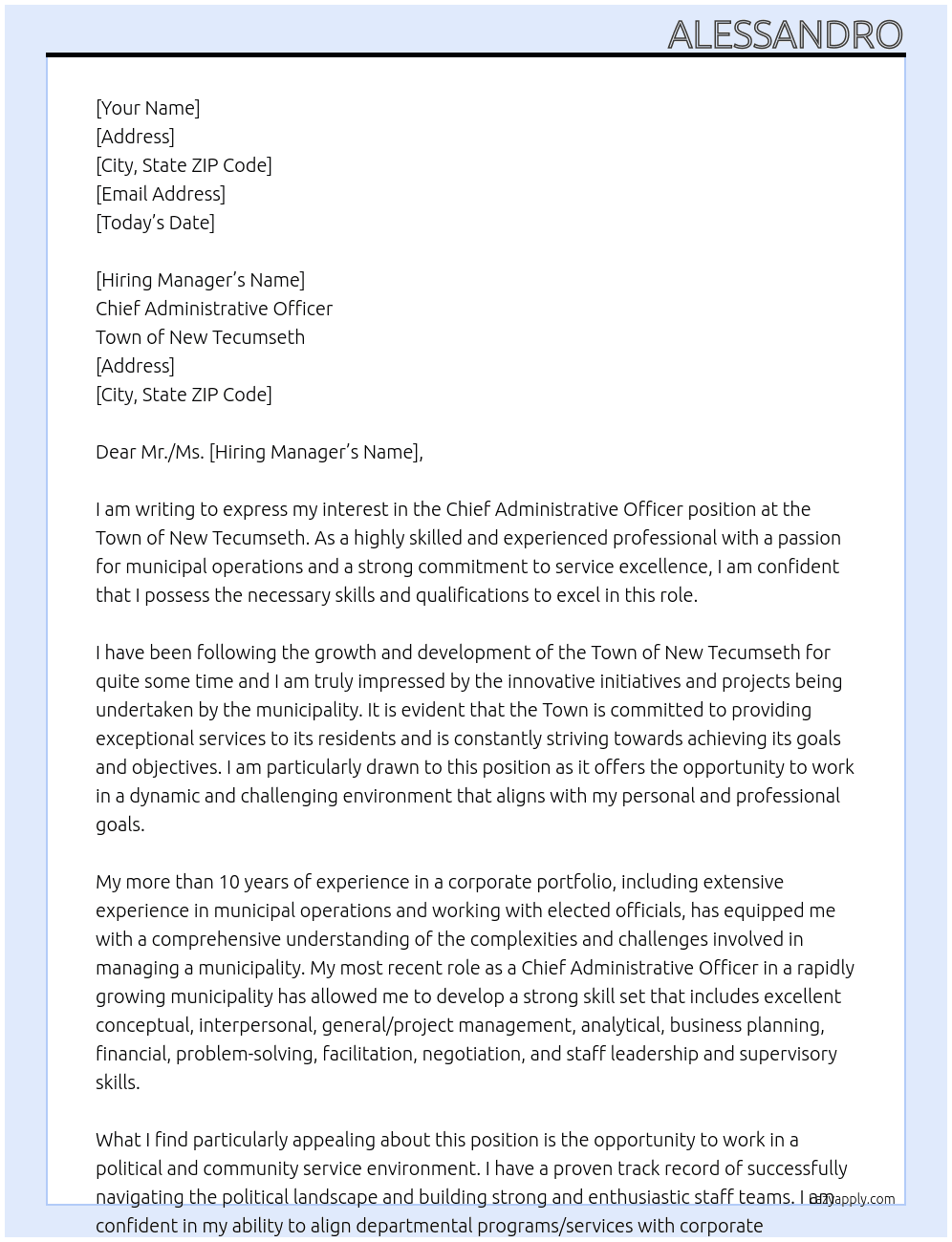 Chief Administrative Officer At Town of New Tecumseth Cover Letter