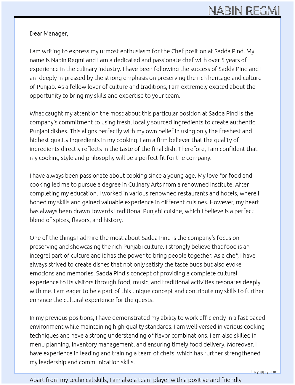 Chef  At Sadda Pind Cover Letter