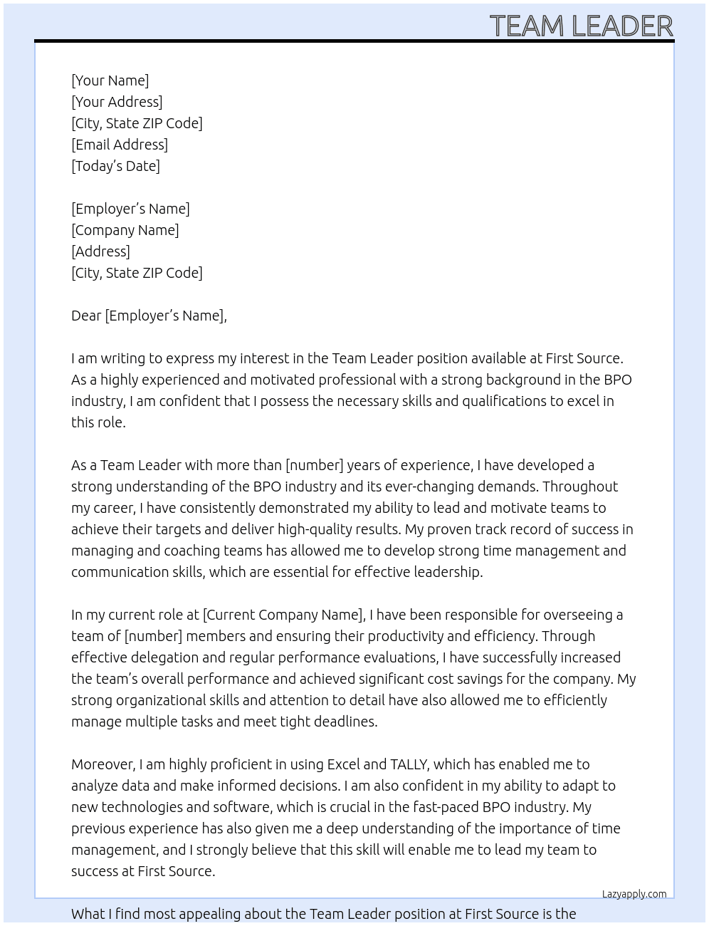 BPO At First Source Cover Letter