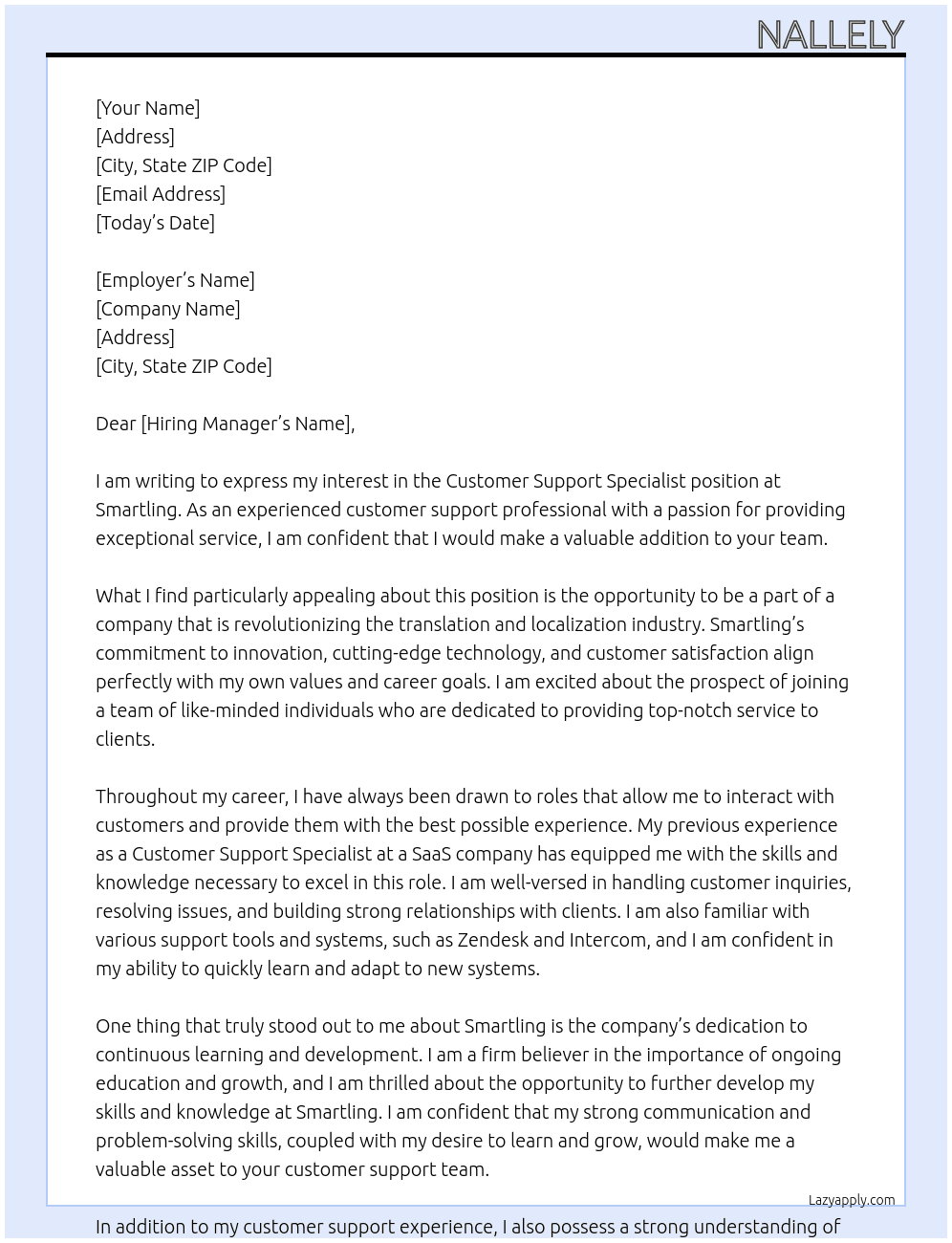 Customer Support Specialist At Smartling Cover Letter
