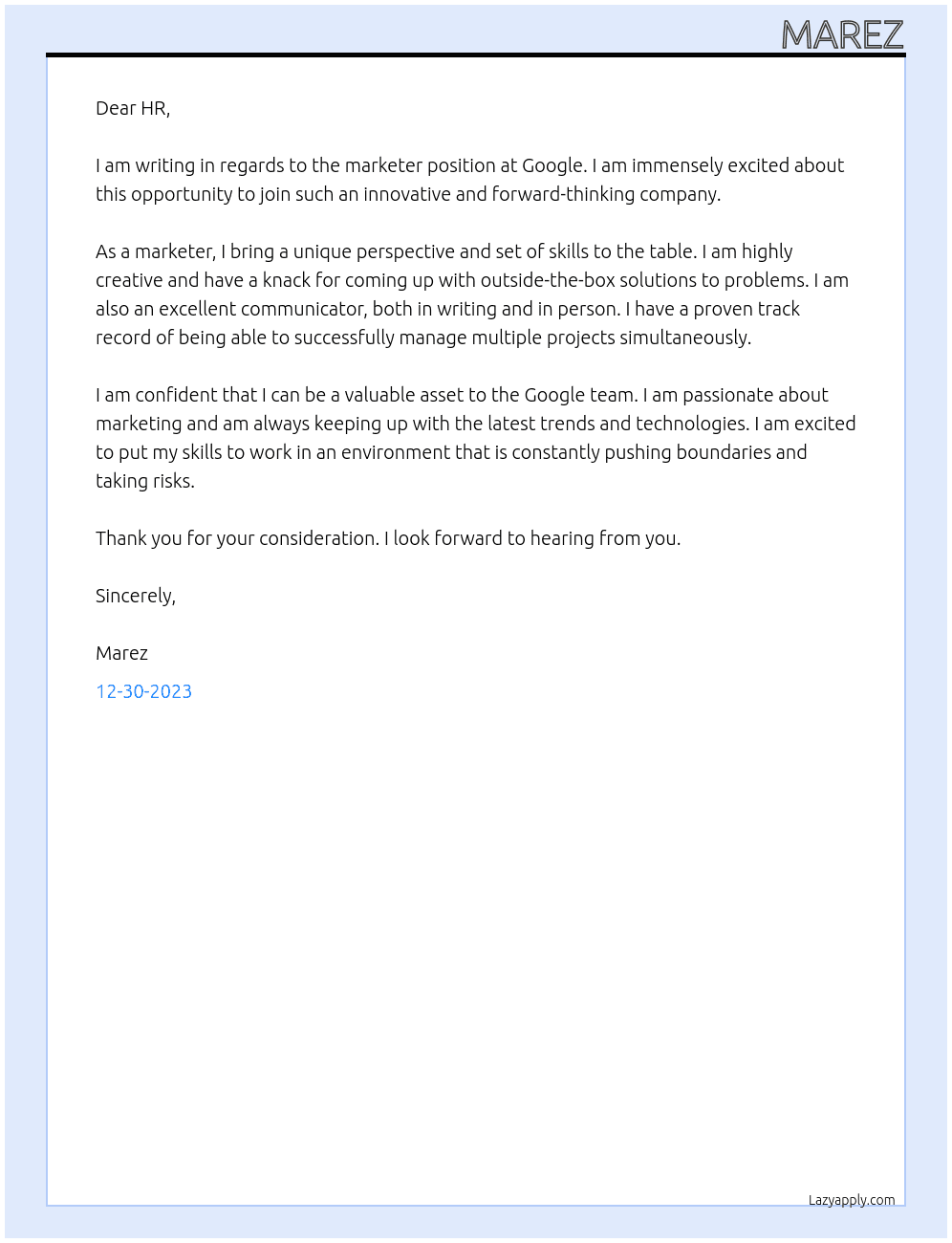 marketer At google Cover Letter