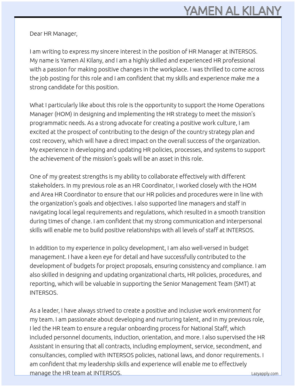 HR Manager At INTERSOS Cover Letter
