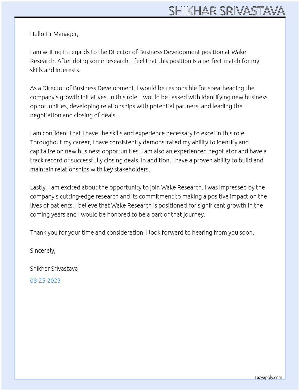 Director of business development  At Wake Research  Cover Letter