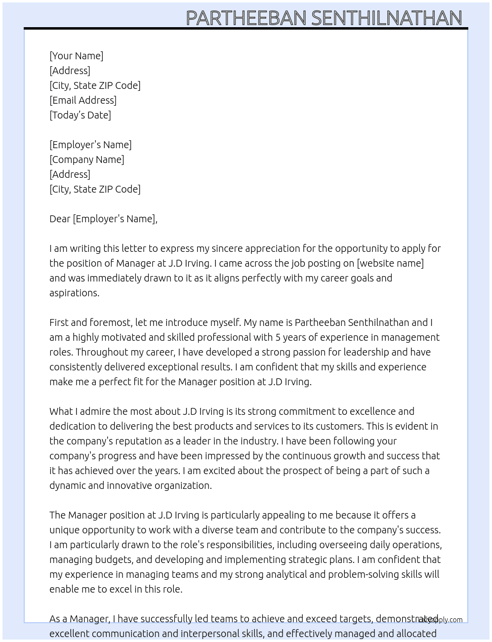 Manager At J.D Irving  Cover Letter