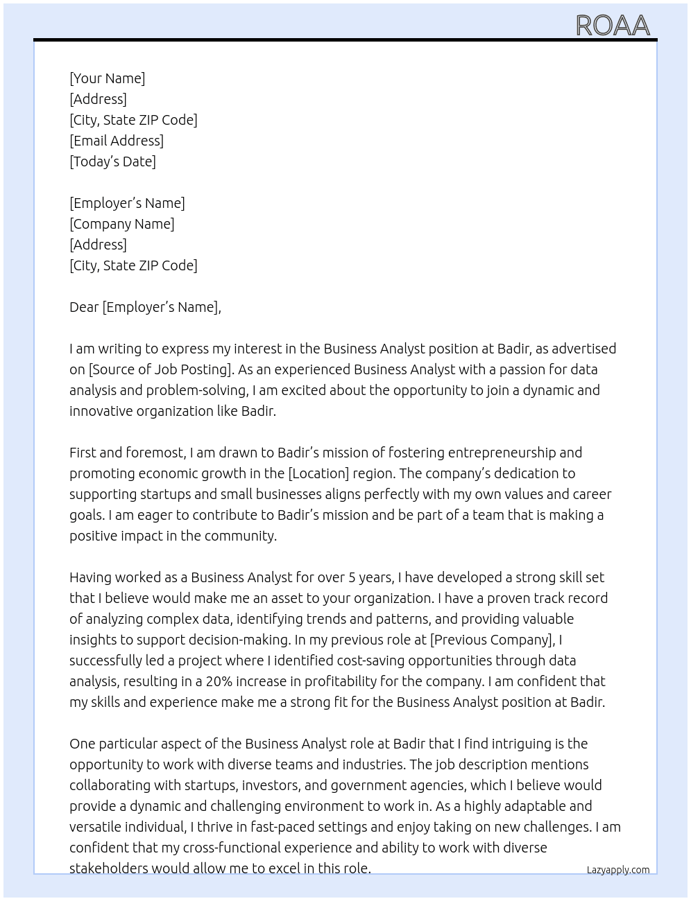 Business analyst  At Badir Cover Letter