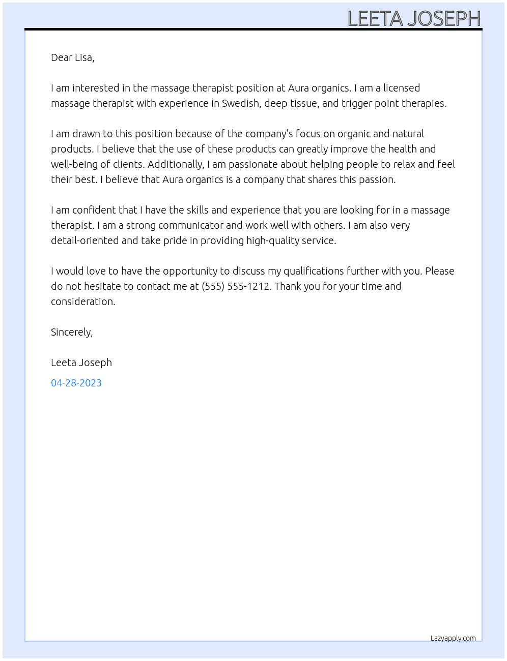 massage therapist At Aura organics Cover Letter