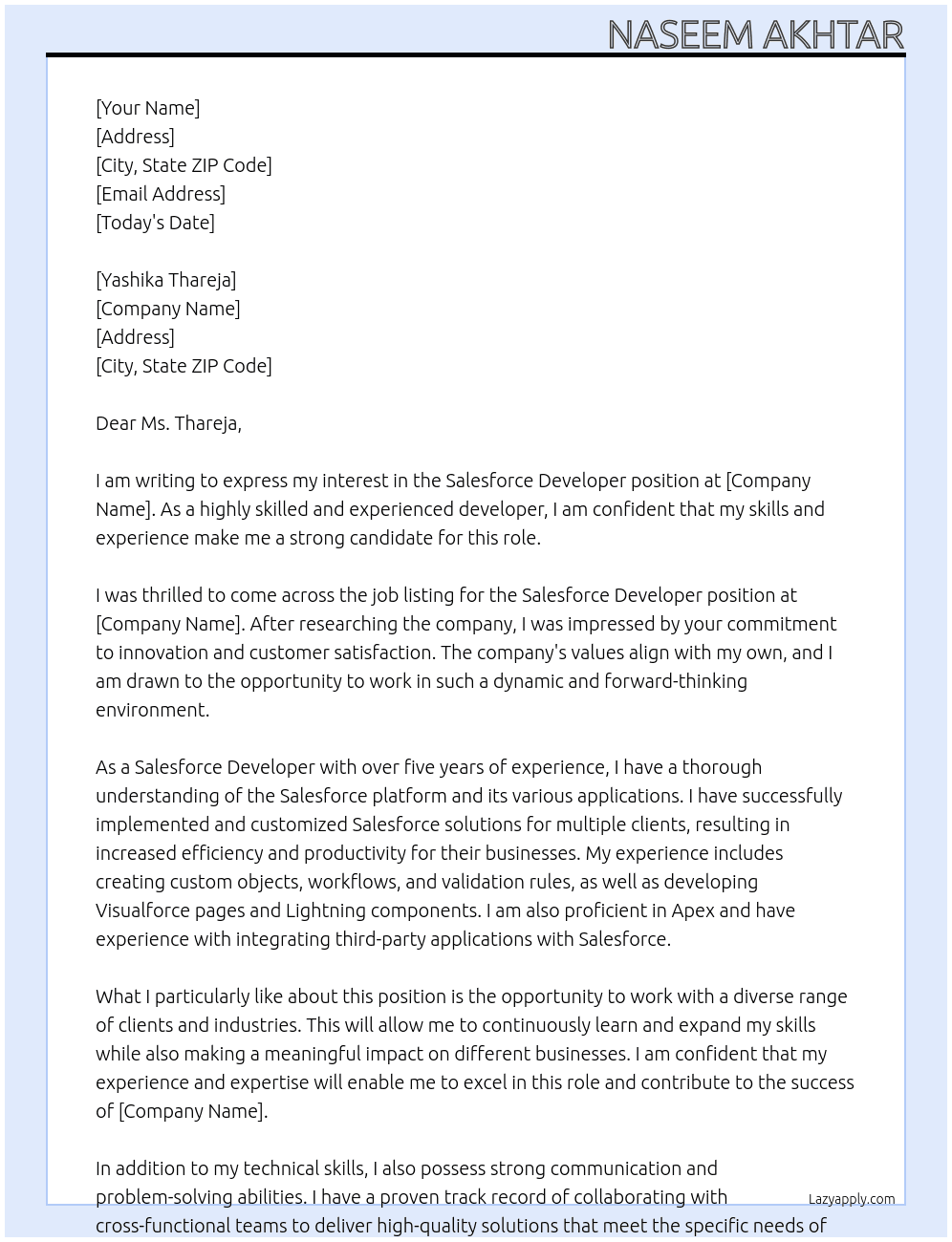 Salesforce Developer At Unknown Cover Letter