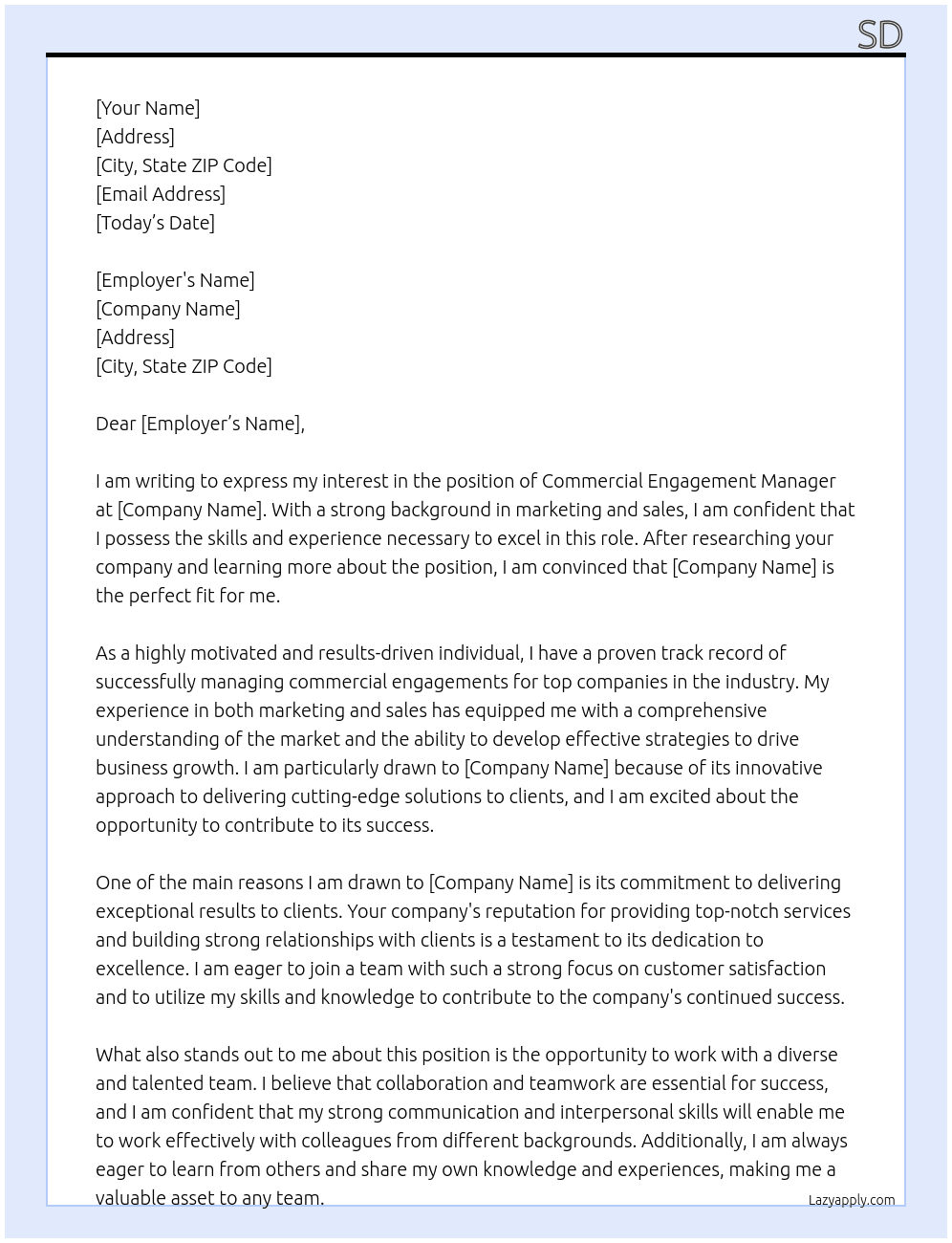 Commercial Engagement Manager  At asd Cover Letter