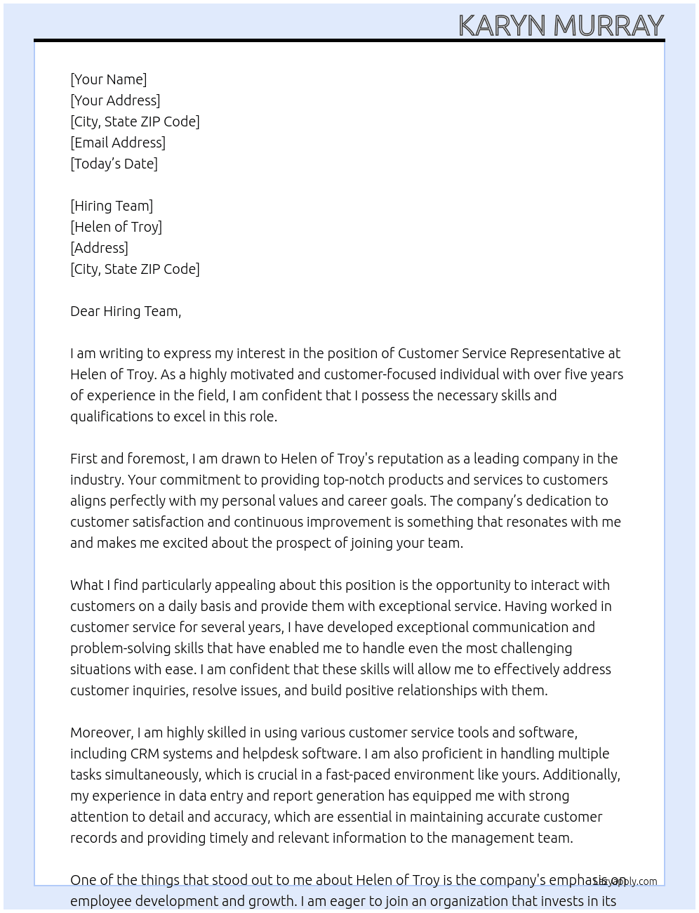 Customer Service Representative At Helen of Troy Cover Letter
