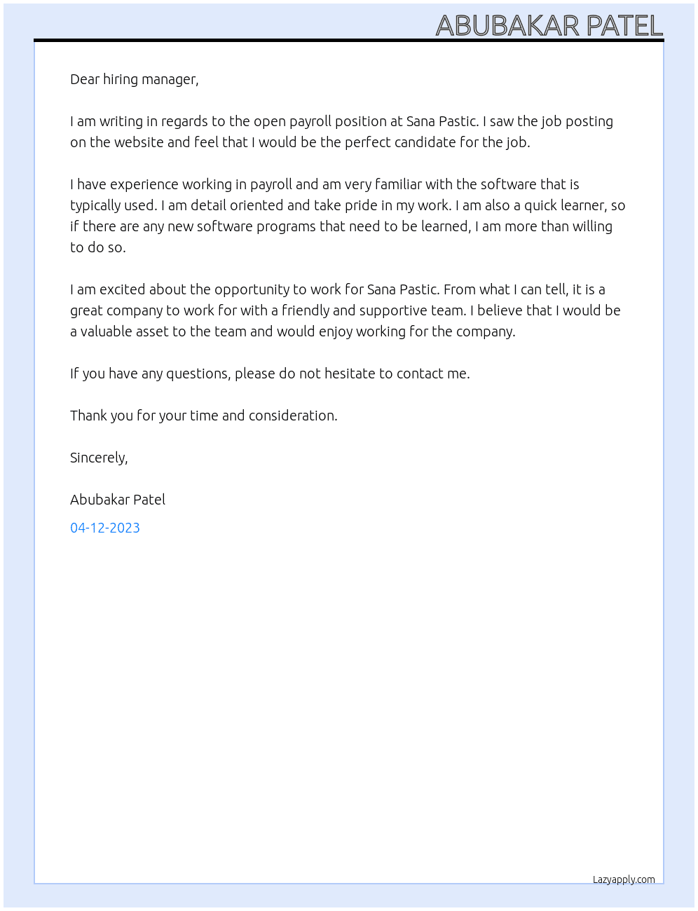 payrooll At sana palstc Cover Letter